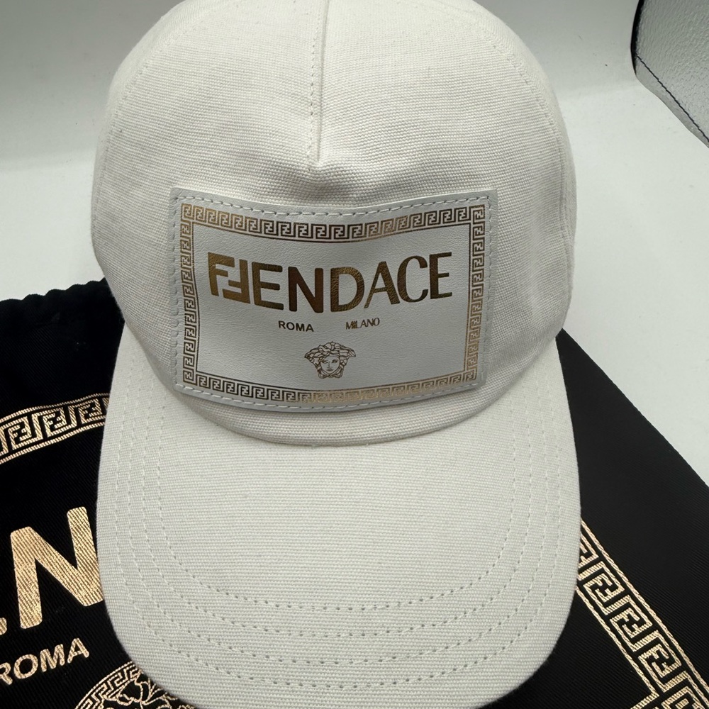 Versace X Fendi collab bright white baseball cap with leather patch